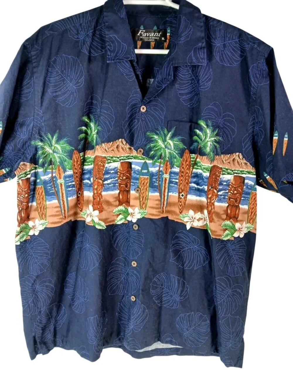 Favant Hawaiian Shirt XL Surfboard Tiki Aloha Print Navy Button-Up 100% Cotton - Picture 9 of 15